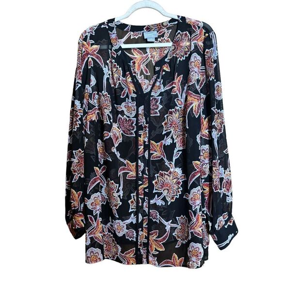 Liz Claiborne Top Womens 2X Multicolor Floral Artsy Sheer Long Sleeve Blouse - Picture 1 of 6